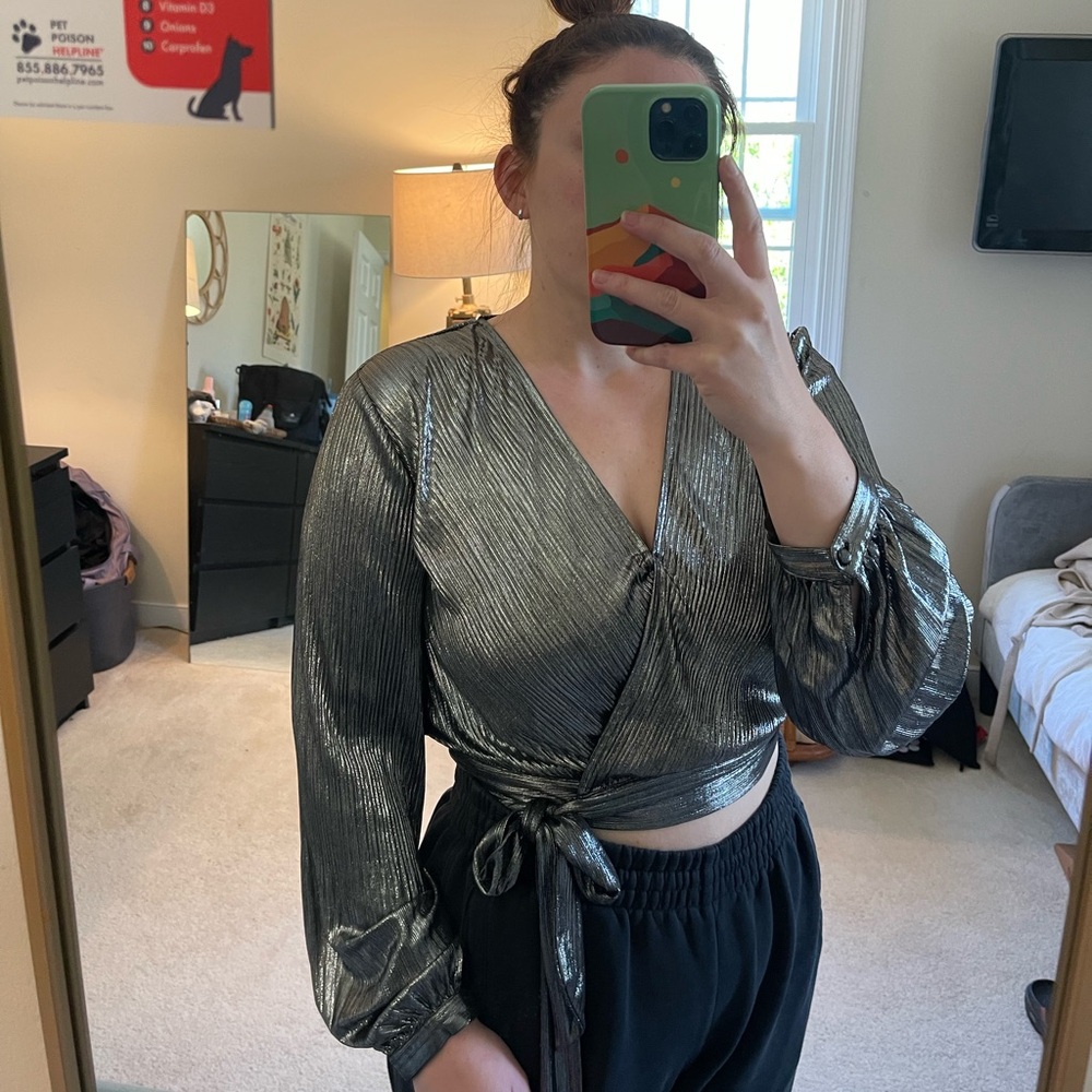 Metallic Silver Wrap Top